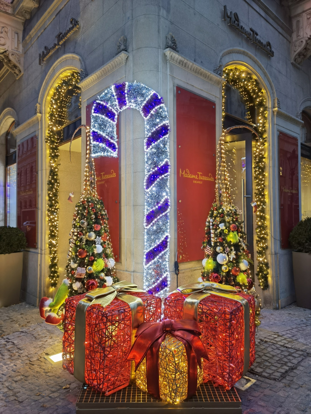 Ein festlicher Weihnachts-Schmuck vor einem Gebäude mit zwei geschmützten Weihnachtsbäumen, Geschenkboxen am Boden und Topfpflanzen.