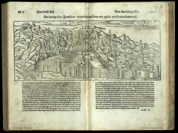 Offenes Buch mit einer Stadtillustration auf seinen Seiten, aus der jödischen Nationalbibliothek, mit Text und Bildern gegen einen schwarzen Hintergrund.