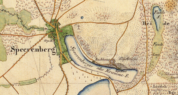 Ein detailliertes altes Stadtplan von Speerenberg, Deutschland, das Straßen, Gebäude und andere Merkmale mit Textanmerkungen zeigt.