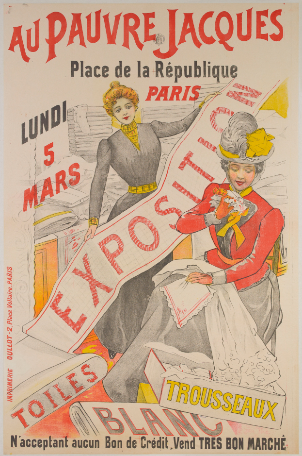 Ein Plakat, das eine Messe in Paris ankündigt und zwei entschlossene Frauen zeigt, eine in einem weißen Kleid mit einem blauen Schal, die andere sitzend in einer Schürze und einer Haube.
