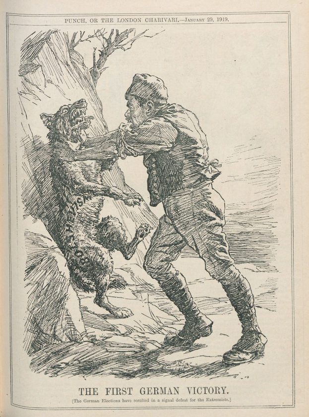 Ein aufgeschlagenes Buch mit einer Illustration eines Mannes in Hut mit entschlossener Miene und einem Hund an seiner Seite, der aufmerksam zu ihm hochschaut; der Text lautet 'Das erste deutsche Sieg.'