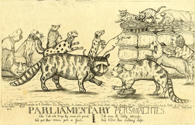 Eine Zeitung mit einer Zeichnung von Katzen und Hunden und dem Text "Parlamentspersönlichkeiten" darunter.