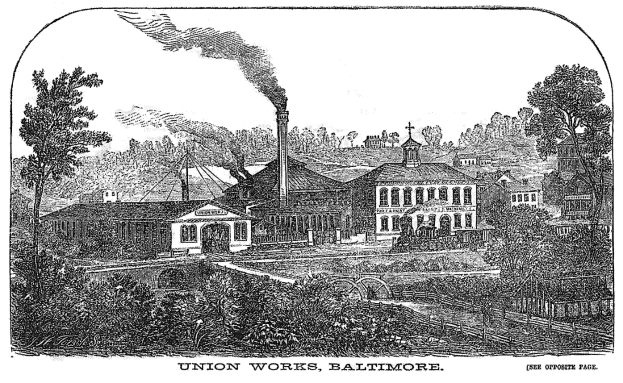 Eine Schwarz-Weiß-Zeichnung der Union Works in Baltimore, Maryland, mit mehreren Gebäuden, Bäumen und Rauch im Hintergrund sowie Text unten.