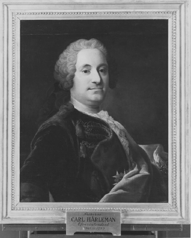 Ein Schwarz-Wei├č-Portr├Ąt von Carl Harleman, ein Mann mit ernstem Gesichtsausdruck, der einen langen dunklen Mantel mit hohem Kragen und Manschetten tr├Ągt, die H├Ąnde vor der Brust verschr├Ąnkt, dunkles Haar und konzentrierte Augen.