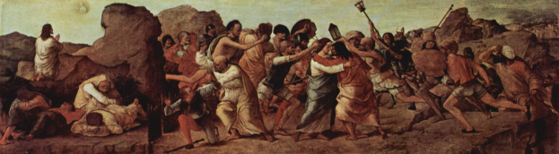 Ein Gemälde, das eine Gruppe von Menschen in der Wüste zeigt, einige mit Waffen und andere am Boden liegend, mit Felsen und einem klaren blauen Himmel im Hintergrund, das angeblich die Massaker der Unschuldigen darstellt.