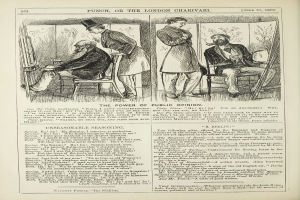 Ein altes Buch mit einer Zeichnung eines Mannes in einem Anzug, der in einem Stuhl sitzt und einen ernsten Gesichtsausdruck hat, und einer Frau, die neben ihm steht und nachdenklich wegsieht, betitelt mit "Die Macht der öffentlichen Meinung".