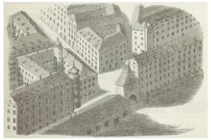 Schwarz-weiß-Illustration einer historischen Stadt mit verschiedenen Architekturgebäuden und Text unten.