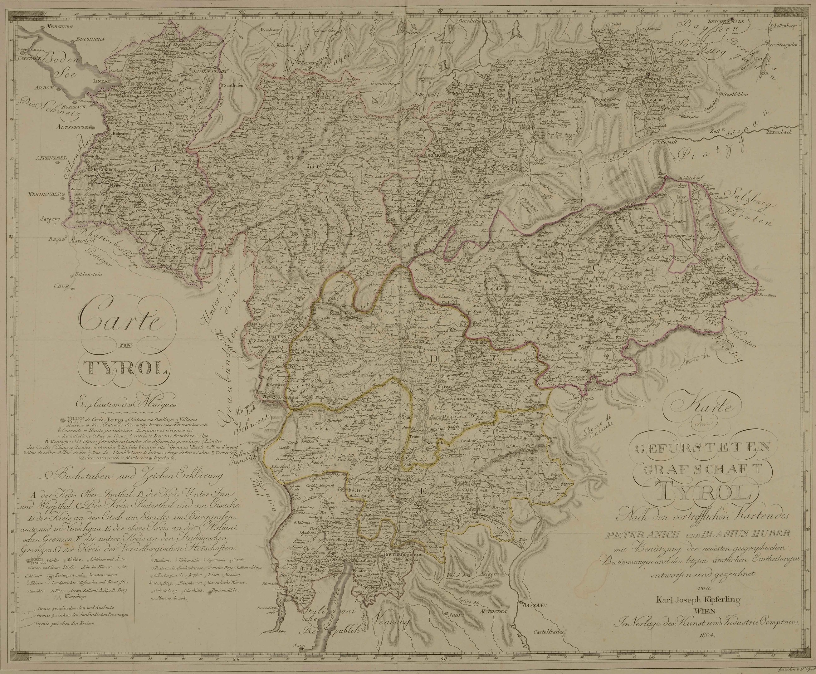 Alte detaillierte Landkarte von Tirol, Deutschland, mit Städten, Dörfern, Straßen, Sehenswürdigkeiten und geografischen Merkmalen sowie zusätzlichen Textanmerkungen.