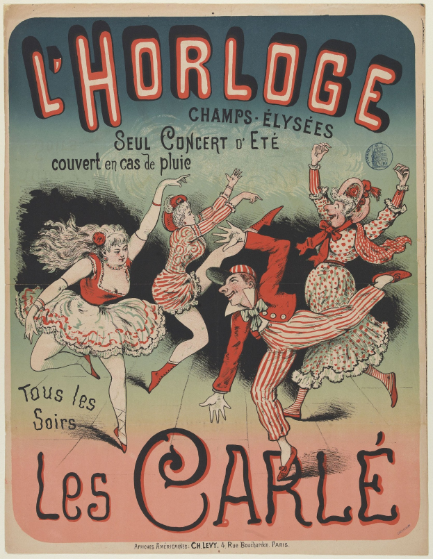 Plakat für ein Konzert im Chorlage in Paris mit einer Gruppe tanzender Menschen in bunten Kostümen mit strahlenden Gesichtern vor einem gelben Hintergrund und fetter Schrift.