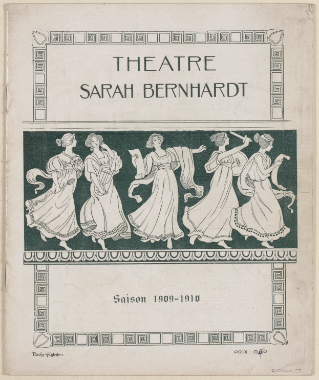 Ein Vintage-Plakat des Théâtre Sarah Bernhardt von 1909-1910, das eine Gruppe von Frauen in der Mitte mit beschreibendem Text zeigt.