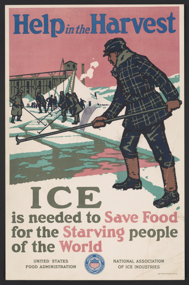 Plakat mit einer Person in einem weißen Hemd und blauen Jeans, die in einem verschneiten Feld unter einem hellblauen Himmel steht, mit fetter schwarzer Schrift, die "Hilfe bei der Ernte - Eis ist notwendig, um Lebensmittel für die hungernden Menschen der Welt zu retten."