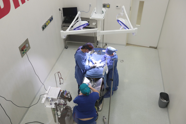 Chirurgen führen einen Eingriff an einem Patienten in einem Operationssaal mit medizinischer Ausrüstung und einem Monitor im Hintergrund durch.