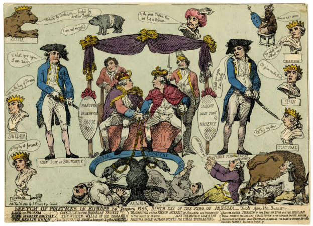 Eine Karikatur von Menschen in verschiedenenfarbigen Kleidern, einige sitzen und andere liegen auf dem Boden, mit Tieren und Gegenständen im Hintergrund und Text unten lesbar "Skizze der Politik in Europa".