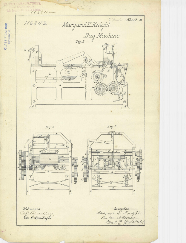 Ausführliche Linienzeichnung einer Bag-Maschine auf Papier mit beschrifteten Komponenten wie Griff und Rädern sowie begleitendem Text.