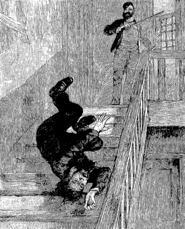 Eine Schwarz-Weiß-Illustration eines Mannes, der die Treppe runterfällt, mit einer Person auf der Treppe, die einen Stock hält, und Text unten.