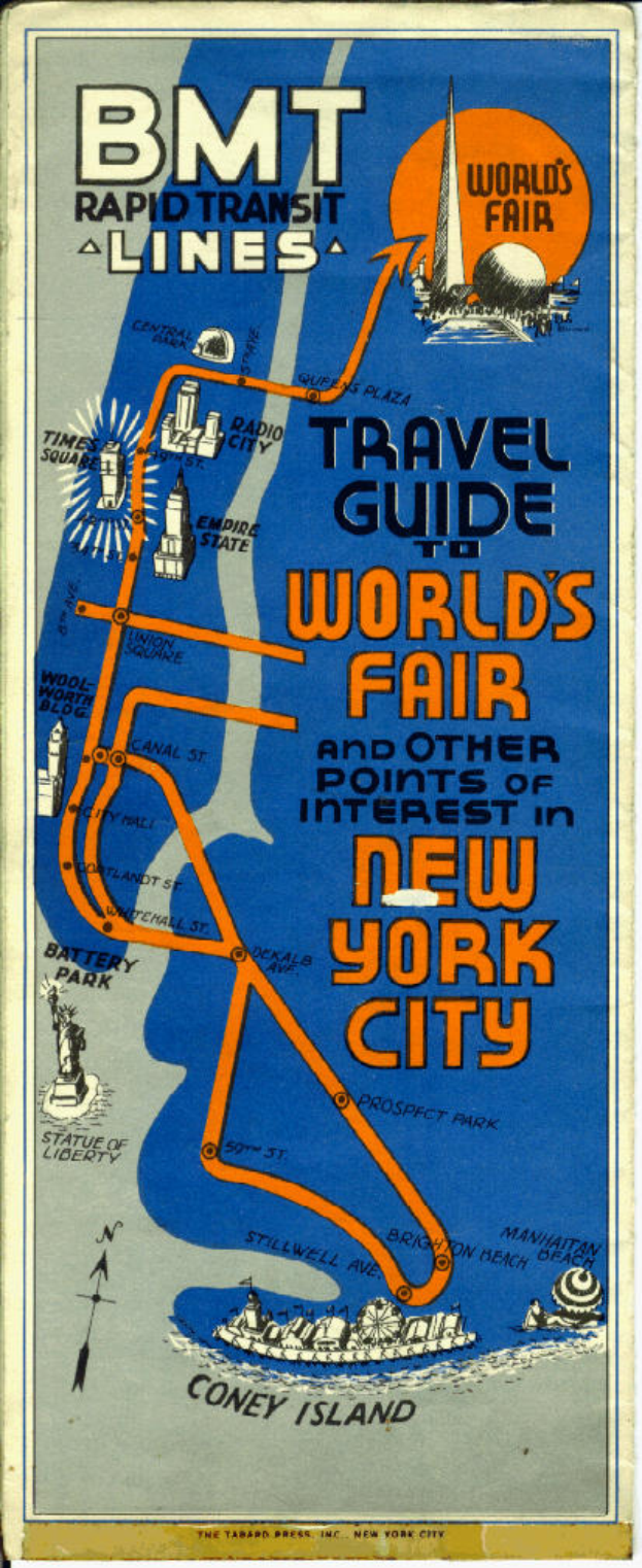 Plakat mit einer Karte der Weltausstellung in New York City, das detaillierte Informationen über die Ausstellung und ihre Attraktionen enthält.