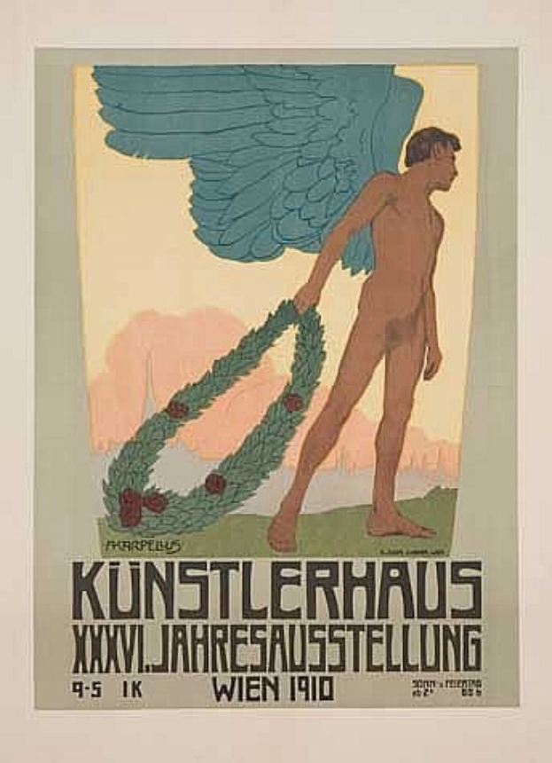 Deutsches Propagandaplakat aus dem Jahr 1910 für das Künstlerhaus Wien, das einen geflügelten Mann in heroischer Pose mit einem Kranz zeigt, in leuchtenden Blau-, Grün- und Gelbtönen.