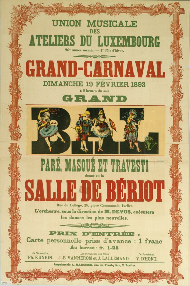 Ein Vintage-Plakat, das ein Pariser Karnevalsfest bewirbt, zeigt eine Gruppe lachender Menschen in traditioneller Kleidung vor einem hellgelben Hintergrund mit einer Leiste oben, auf der 'Grand Carnival' steht.