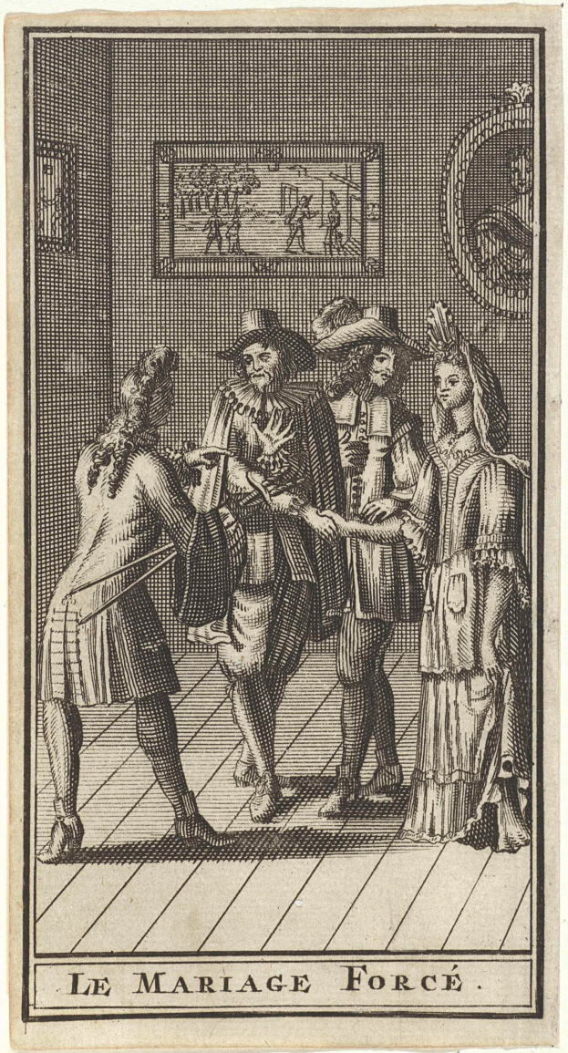 Eine Schwarz-Weiß-Gravur von einem Mann und einer Frau, die vor einem Spiegel stehen, mit einem Rahmen an der Wand im Hintergrund und dem Text "Le Marriage Force" unten.