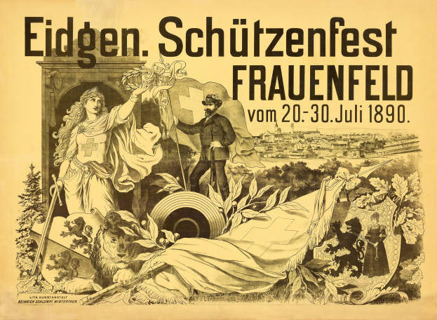 Plakat für das Eidgenössische Schützenfest in Frauenfeld, Deutschland, das einen Mann in einem Anzug und eine Frau in einem Kleid zeigt, die nebeneinanderstehen, sowie Veranstaltungsdetails.