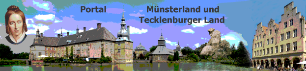 Ein Portal im Münsterland und Tecklenburger Land mit Gebäuden, Bäumen, Pflanzen, Wasser, Menschen, Zelten und einem bewölkten Himmel im Hintergrund, das eine Person und Text zeigt.