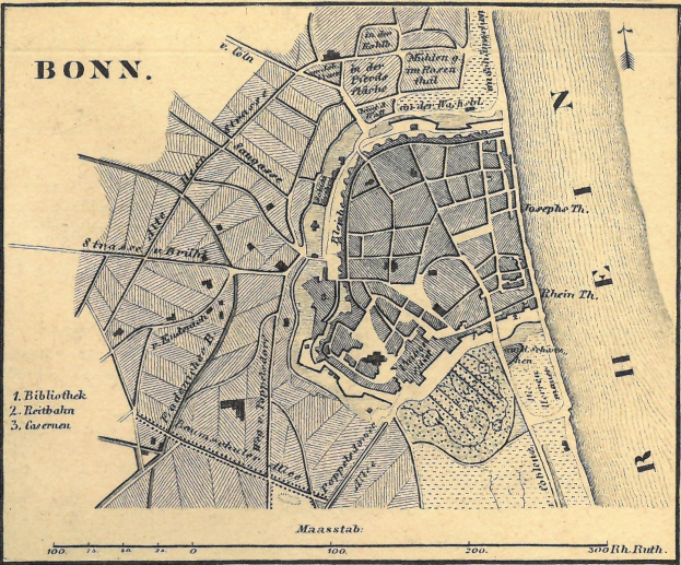 Detailierte alte Karte von Bonn, Deutschland, zeigt Straßen, Gebäude und Sehenswürdigkeiten mit Textanmerkungen.