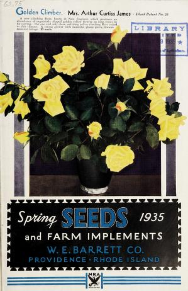 Ein Plakat aus dem Jahr 1935, das Frühlings-Samen und Landwirtschaftsgeräte bewirbt und einen Strauß gelber Rosen in einer Vase zeigt.