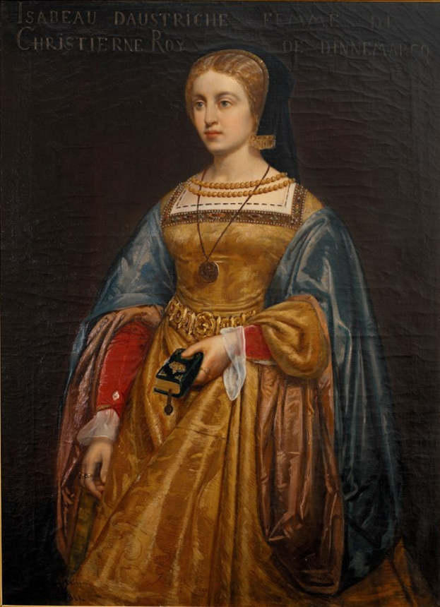 Gemälde von Isabella daustriche in einem goldenen Kleid mit detailreichen Verzierungen, Haar zu einem Knoten gebunden, mit einem seren und regal aussehenden Ausdruck, von Christierne Roy.