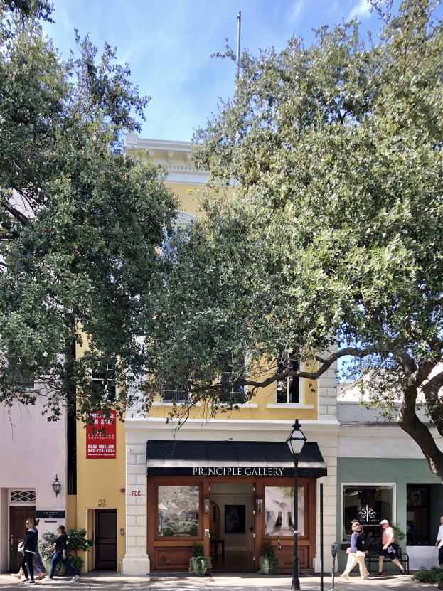 Gruppe von Menschen, die auf einem Gehweg vor der Principle Gallery in Charleston, SC, mit Topfpflanzen, einer Straßenlaterne, einem Schild, einer Fahne, einem Fahnenmast und einer bewölkten Himmel wandern.