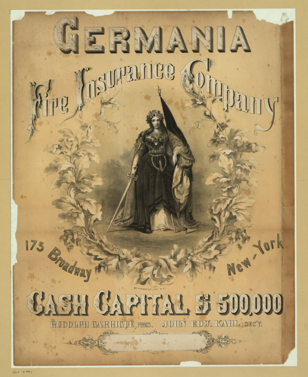Eine alte Werbung für die Germania Feuerversicherungs-AG, die ein zentrales Bild einer Frau zeigt, mit Text, der die Dienstleistungen der Gesellschaft beschreibt.