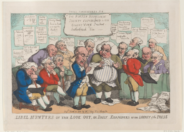 Cartoon-Illustration von Menschen, die um einen Tisch sitzen und Papiere begutachten, mit der Beschriftung "Libel Hunters on the Look Out, or Daily Examiners of the Liberty of the Press" unten.