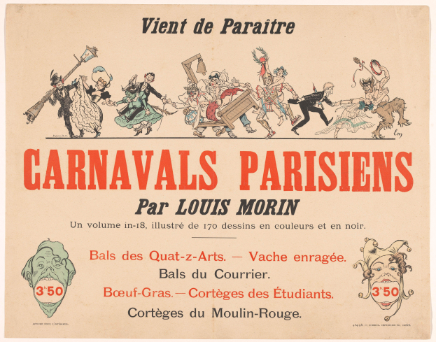Ein Artikel namens 'Carnivals Parisiens par Louis Morin' mit leuchtenden, detaillierten Entwürfen von Menschen in bunten Kostümen und Masken in einer lebhaften KarnevalsSzene, mit fetter Schrift.