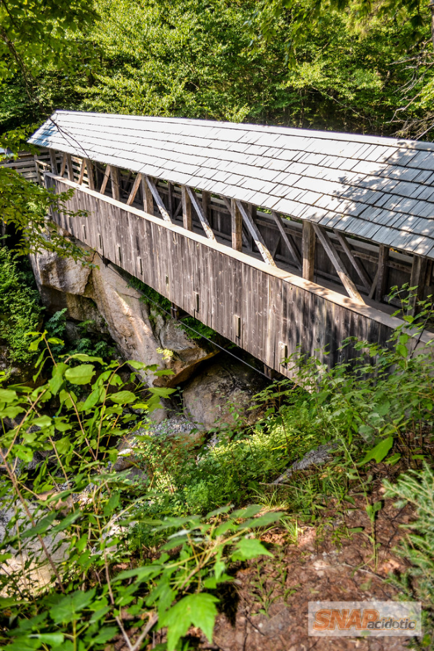 Eine Brücke mit hölzernen Geländern spannt sich über, umgeben von Bäumen, Pflanzen und Felsen, mit einem Wasserzeichen in der rechten unteren Ecke.