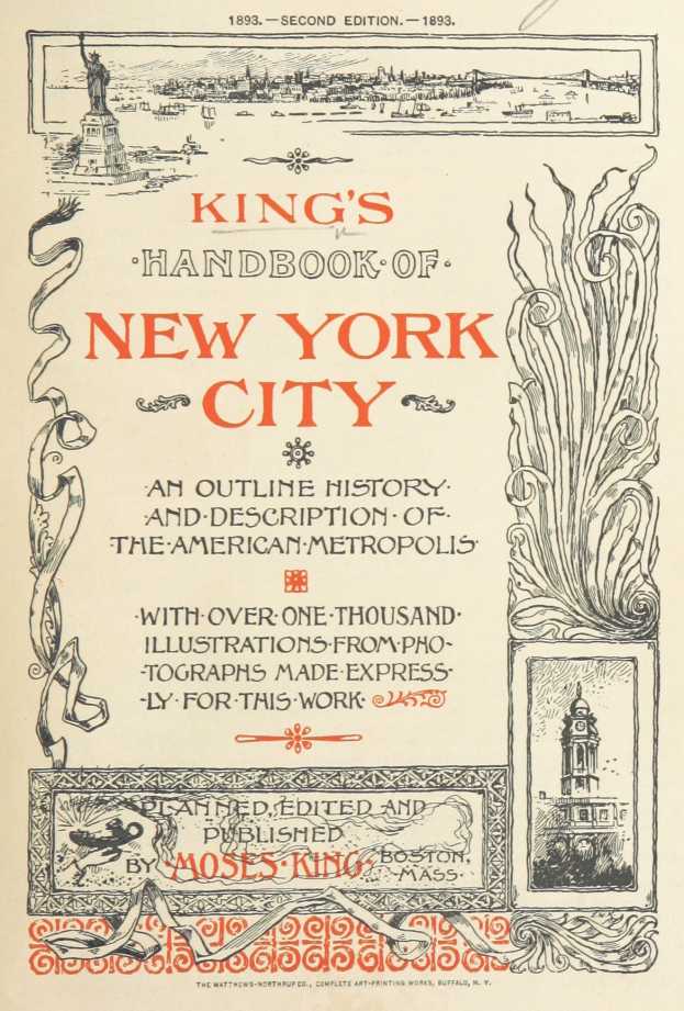 Ein Hardcover-Buch mit dem Titel "Königs Handbuch von New York City: Eine Zusammenfassung der Geschichte und Beschreibung der amerikanischen Metropole" mit einem blauen Einband und weißer Schrift.