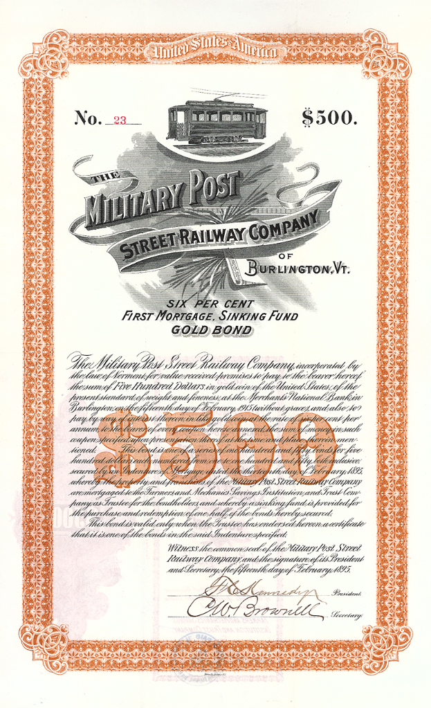 Ein altes Aktienzertifikat mit einer Illustration eines Zuges, mit Text und Zahlen, die darauf hinweisen, dass es von der Militärpostenbahn-Gesellschaft stammt.