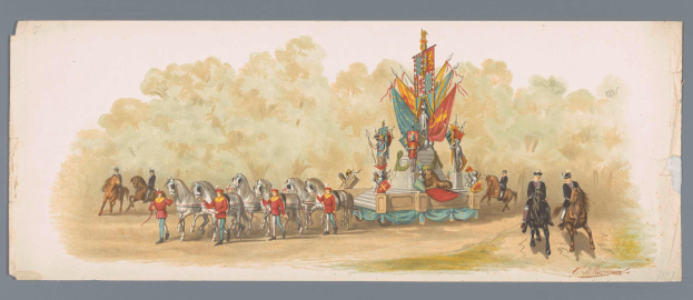 Ein Gemälde eines Karnevalsumzugs mit Menschen in bunten Kostümen, die auf Pferden vor einem geschmückten Schwimmwagen reiten, vor einem klaren blauen Himmel mit Bäumen im Hintergrund.