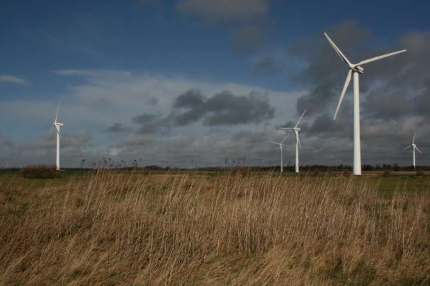 Ein Windkraftanlagenfeld auf einer grünen Wiese mit Bäumen im Hintergrund und Wolken am Himmel, mit Textangabe des Standorts Niederlande.