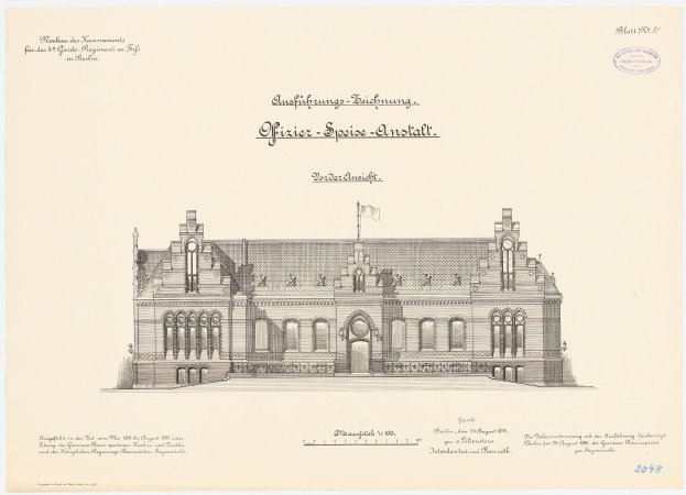 Eine Zeichnung des Hauptsaals des Deutschen Bundestages in Berlin, gekrönt von einer Flagge, begleitet von erklärendem Text.