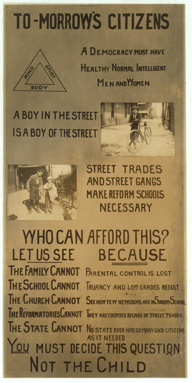 Ein Plakat mit Text und Bildern von Menschen, einer davon fährt Fahrrad, mit dem Text "Morgen's Citizens: A Boy in the Street is a Boy of the Street".