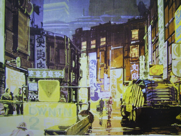 Ein bearbeitetes Bild, das eine belebte Stadtkulisse mit Menschen, Fahrzeugen, Gebäuden, Plakaten, Text, einer Straße, Fenstern, Schildern und Lichtern zeigt.