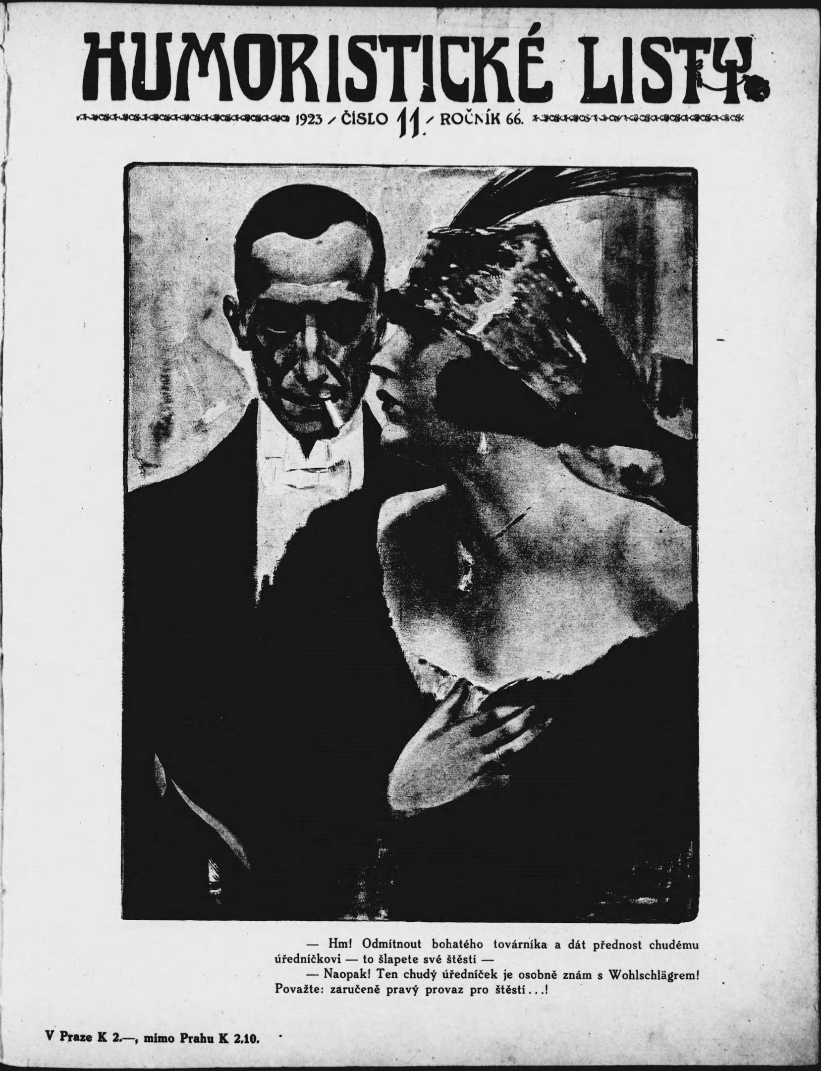 Schwarz-weißes Magazin-Cover mit der Überschrift 'Humoristische Liste', das einen Mann in einem Anzug mit ernster Miene und eine Frau zeigt, die wegsieht und schmunzelt.