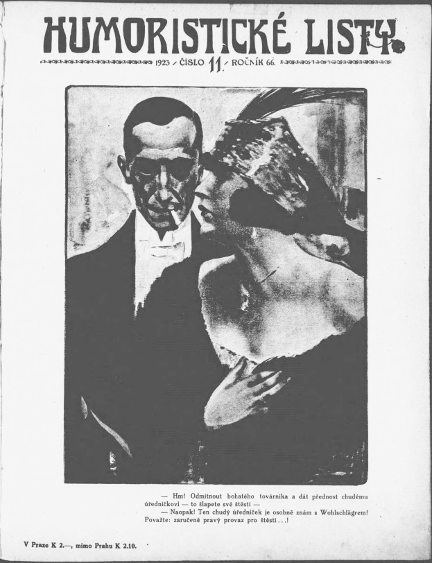 Schwarz-weißes Magazin-Cover mit der Überschrift 'Humoristische Liste', das einen Mann in einem Anzug mit ernster Miene und eine Frau zeigt, die wegsieht und schmunzelt.