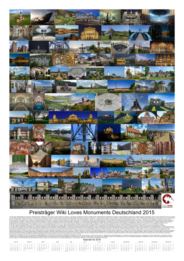 Ein 2015-Kalender mit einer Collage deutscher Denkmäler mit der Aufschrift "Preisträger Wiki Loves Monuments Deutschland 2015".