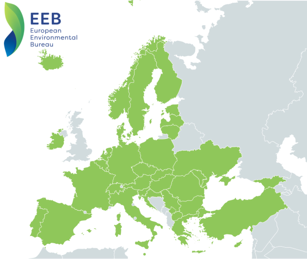 Eine Europakarte mit dem Logo des Europäischen Umweltbundes im linken oberen Eck, die in verschiedenen Grüntönen schattiert ist, um die verschiedenen EU-Regionen darzustellen.