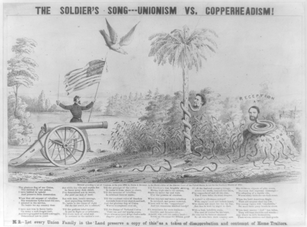 Plakat, das eine Person zeigt, die auf einer Kanone steht, eine Fahne hält und von Laub und einer Schlange umgeben ist, mit der Aufschrift "The Soldier's Song - Unionism vs Copperheadism."