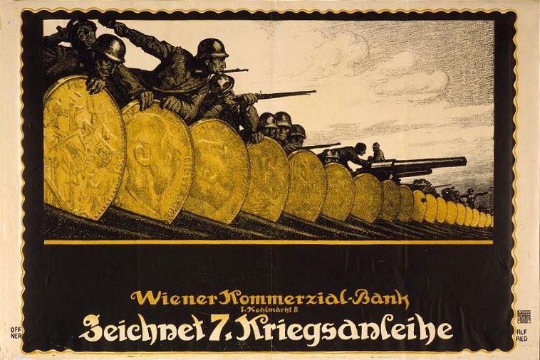 Deutsches Propagandaplakat aus dem Zweiten Weltkrieg, das Soldaten in Helmen mit Waffen und den Text "Wiener Kommmerzial Bank" unten zeigt.