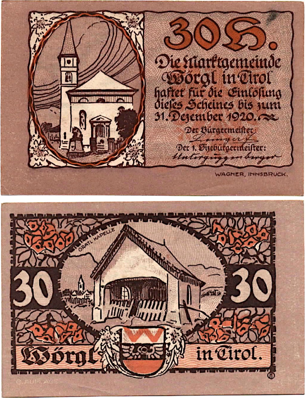 Alte deutsche 30 Pfennig-Banknote aus den 1930er Jahren mit einer Kirche in der Mitte und umgeben von Text.