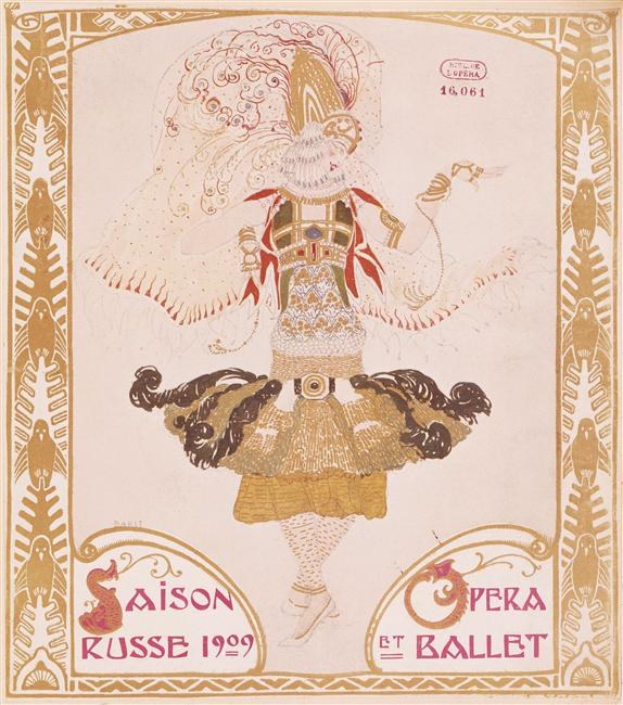 Plakatankündigung für eine Pariser Ballettvorstellung im Jahr 1909 mit 'Saison Russe' und 'Opéra et Ballet' über einer gemalten Figur in anmutiger Pose.