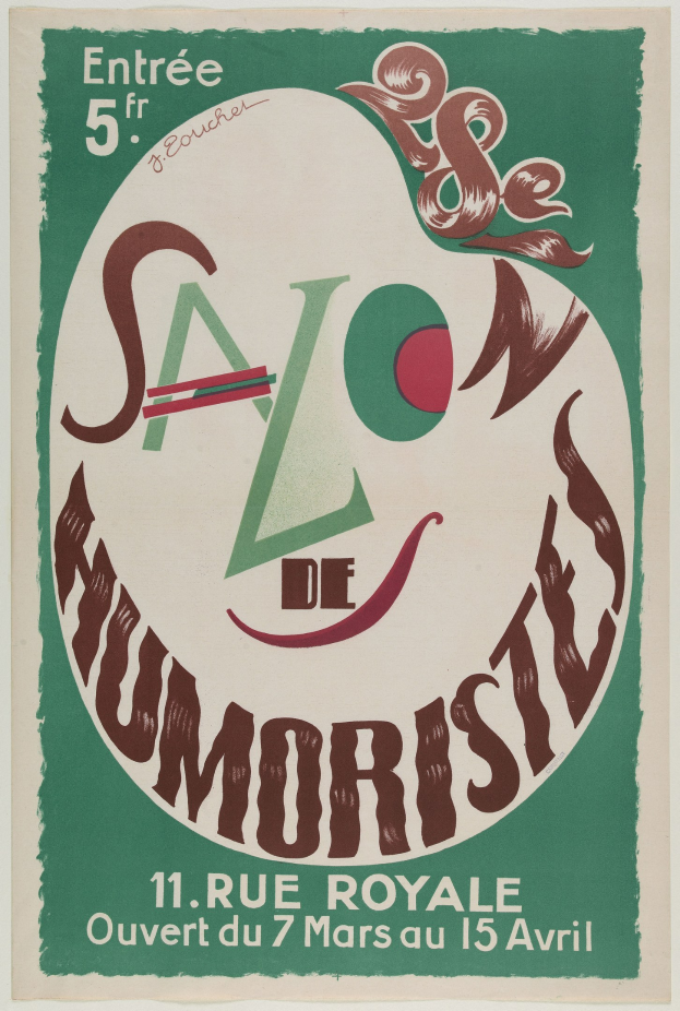 Plakat, das ein Humoristensalon in Paris, Frankreich, ankündigt, mit Text, der seine Angebote beschreibt.