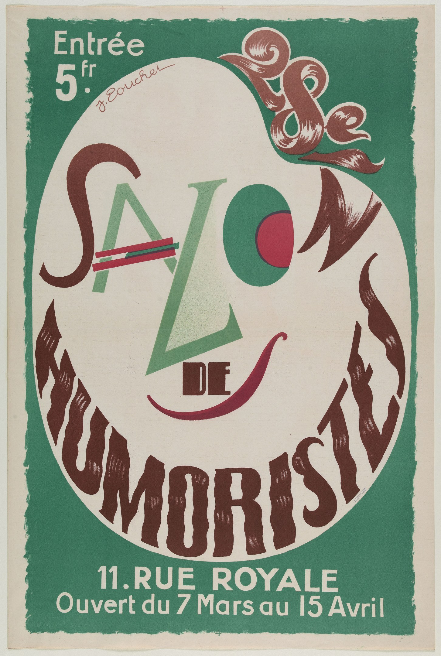 Plakat, das eine Humoristen-Vorführung in Paris, Frankreich, ankündigt.